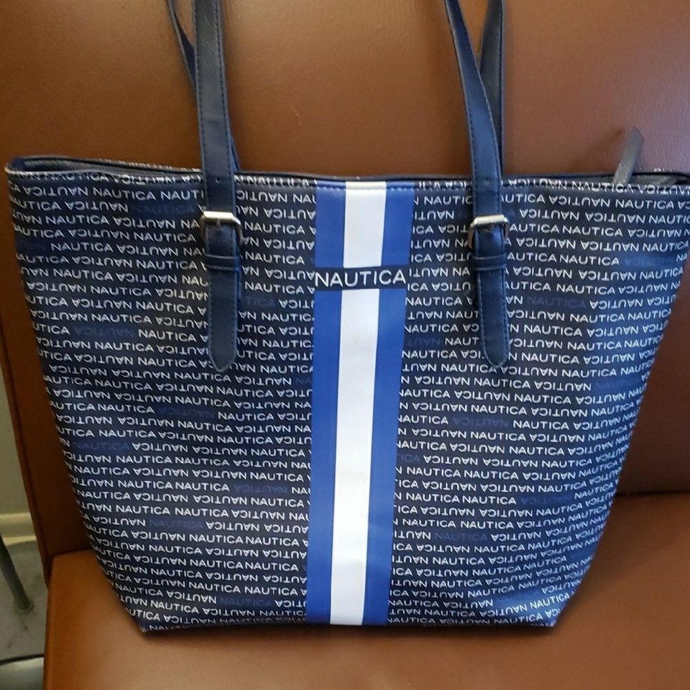Nautica Blue and White Logo Stripe Tote Bag - Picture 2 of 9